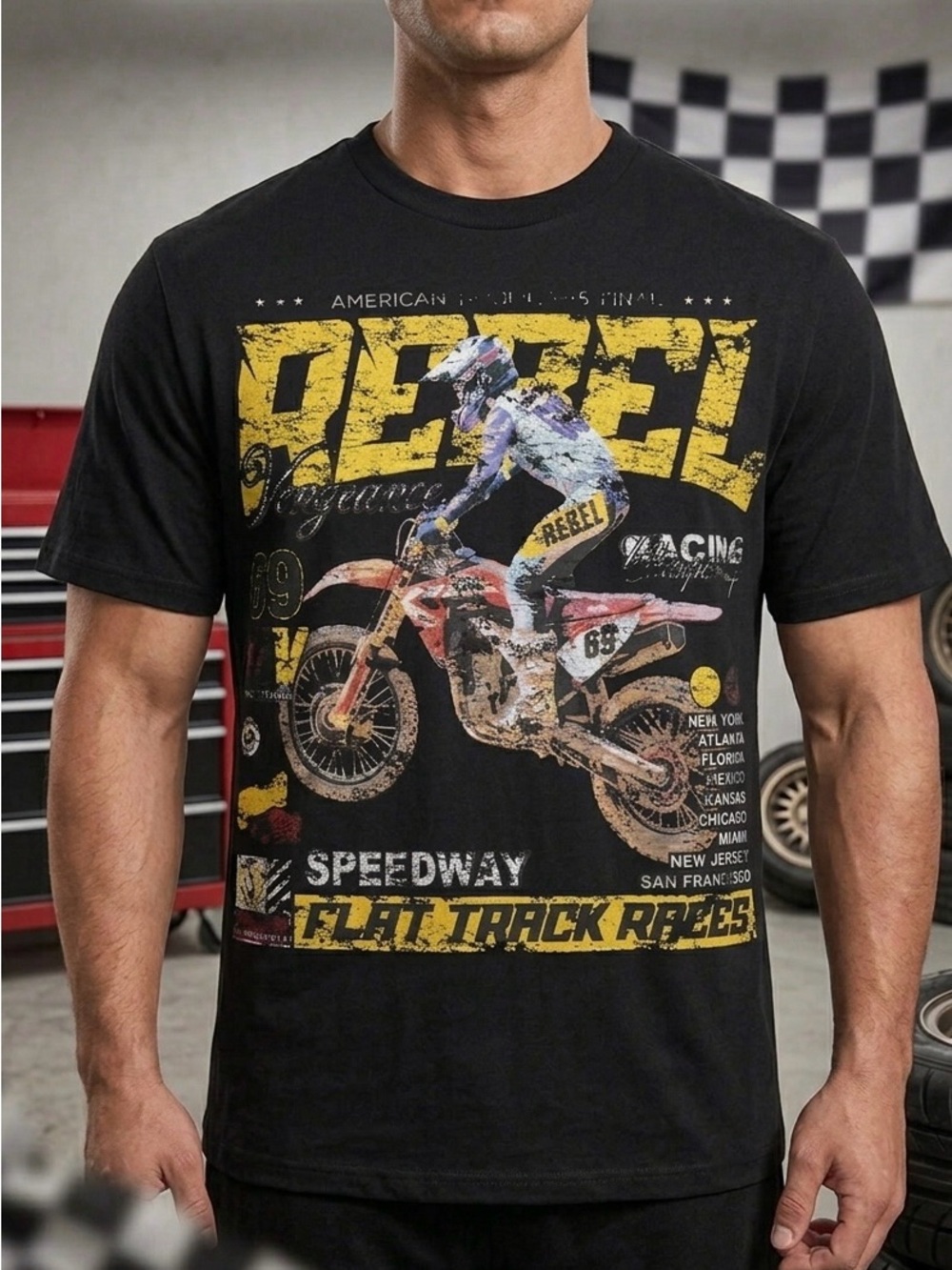 Rebel Speedway Flat Track Races Graphic Tee – Vintage Y2K Motocross Black Tshirt
